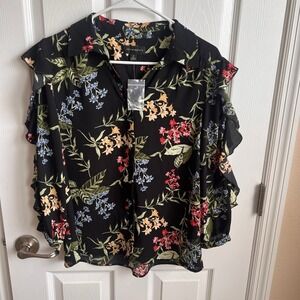 NEW Investments Floral Ruffle Sleeve Blouse‎ Top Black Multicolor Womens Size S